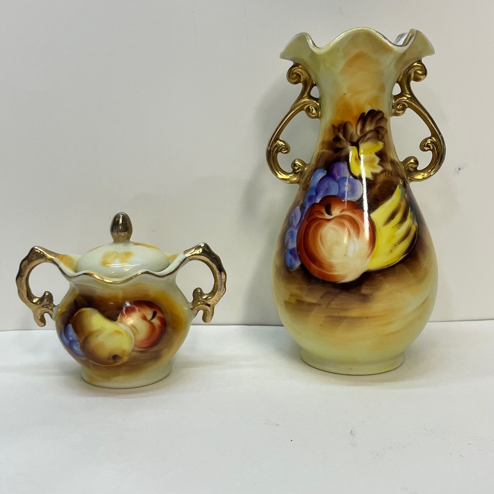 Vintage Enesco Japan Ceramic Fruit‎ Vase and Sugar Bowl Set Gold Trim E2350